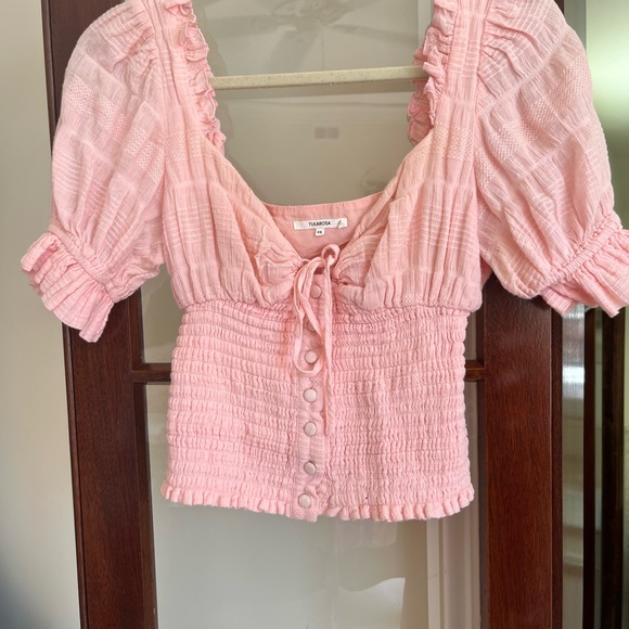》 Tularosa Cooper Pink Button Front Ruffle Puff Sleeve Smocked Cropped Top - Picture 5 of 7